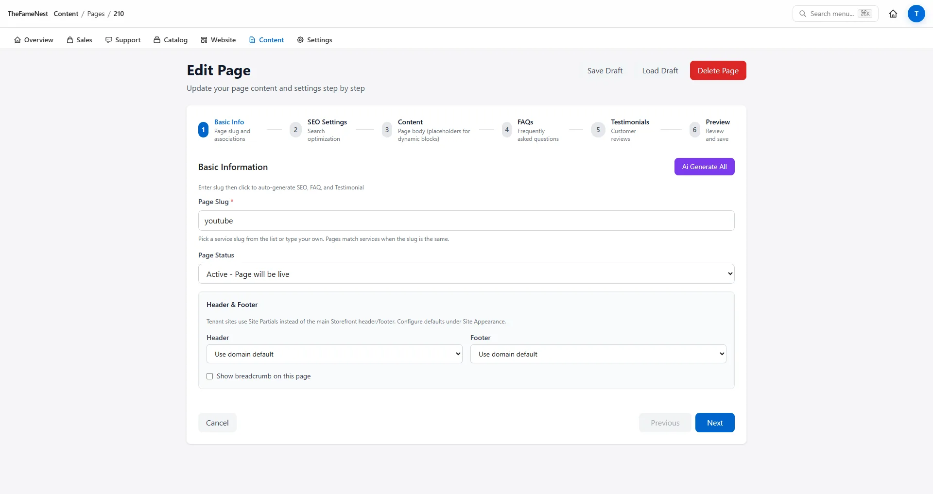 تبويب الأسئلة الشائعة في صفحة CMS مع صفوف أسئلة قابلة للتعديل